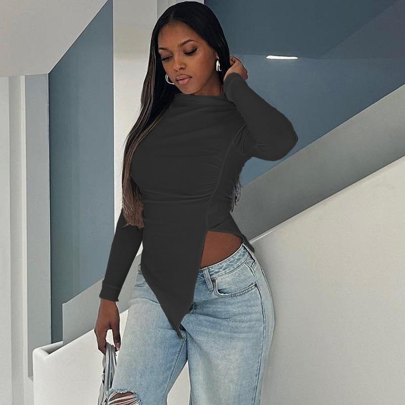 Женский обтягивающий свитер с круглым вырезом, однотонная футболка с длинным рукавом и складками, нестандартной формы