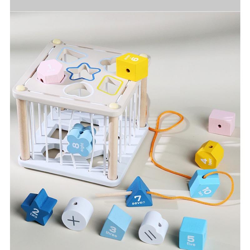 Montessori Wooden Toy, Colorful Block Blocks,Cube Storage Box with Rubber Bands, Stacked Bead Toy,Early Child Development for Aged 3 Years and Up