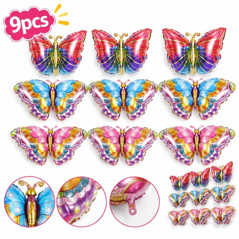 9pcs Aluminum Foil Butterfly Foil Balloon 3D Design Butterfly Balloon Photo Backdrop Decor