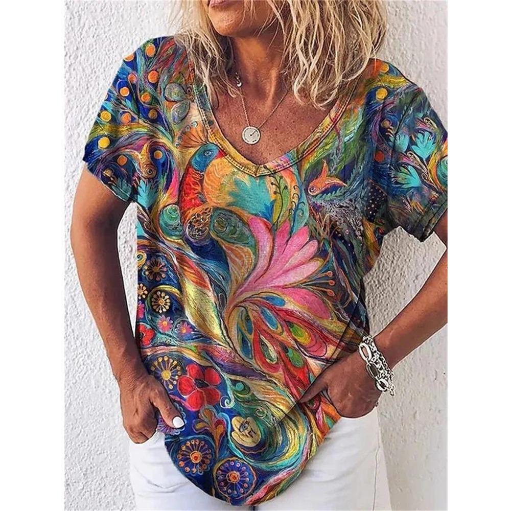 3D Art Print Tops Свободные футболки с коротким рукавом Летняя уличная мода Повседневные свободные женские футболки с V-образным вырезом Женская одежда
