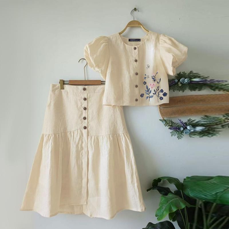 ZANZEA Женские летние комплекты с круглым вырезом, коротким рукавом и цветочным принтом, рубашка с карманом и юбкой-трапецией