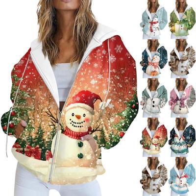 Женская повседневная рождественская печатная толстовка на осень и зиму с длинными рукавами и карманом на молнии с капюшоном