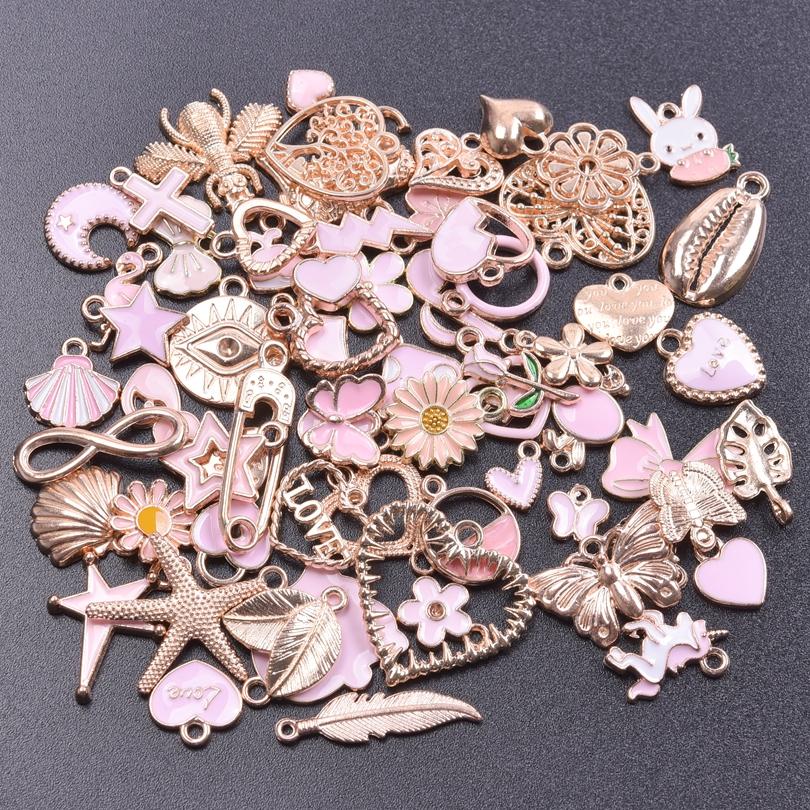 Pink Girl Pendant Random Mix 10203050Pcs Cute Heart Rabbit Flower Diy Enamel Charms For Jewelry Making Bulk Handmade Material
