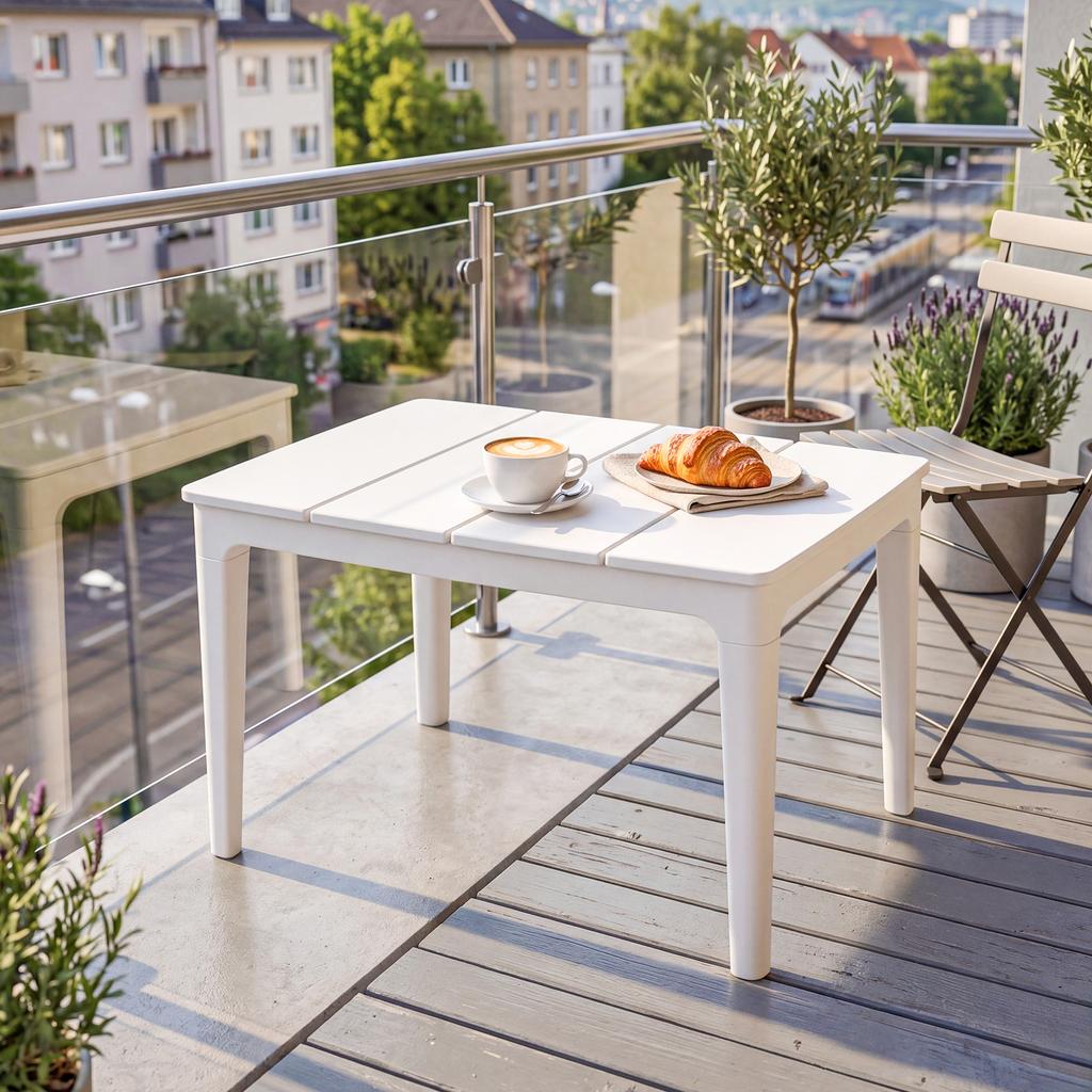 Side Table 70 x 53cm Weatherproof Garden Table Made of Plastic, Rectangular, Balcony Table, 35kg Load Capacity, Cream White