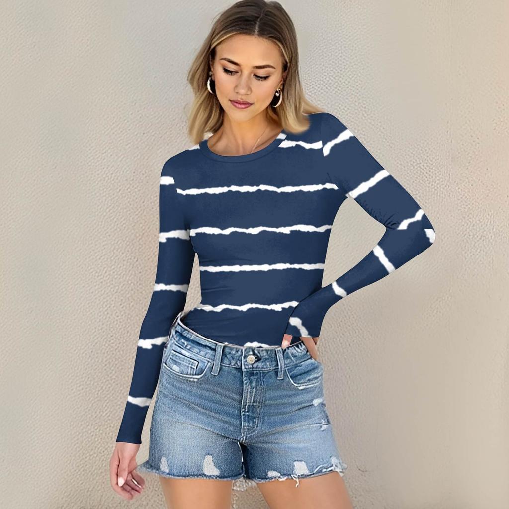 Женская и зимняя футболка с тонким низом, модная повседневная футболка с градиентным принтом и круглым вырезом, пуловер с длинным рукавом