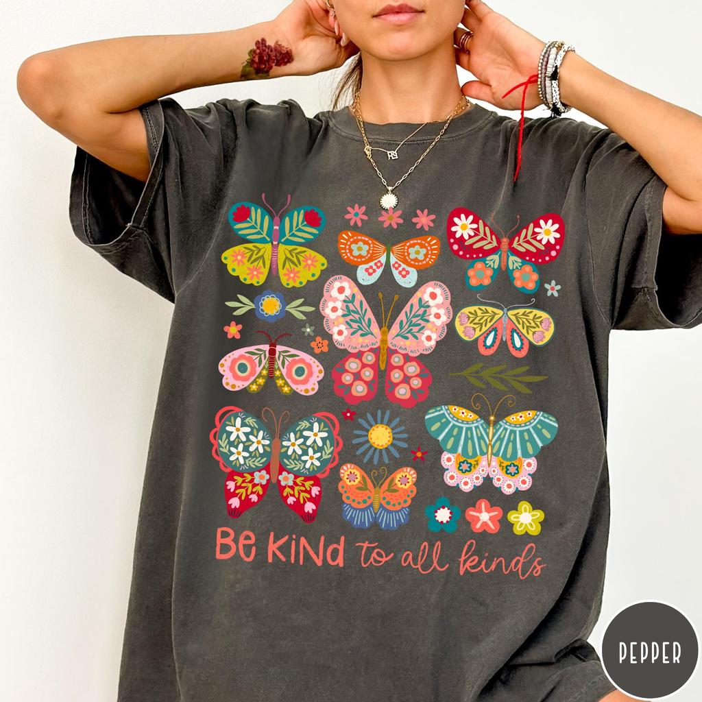 Be Kind to All Kinds T-shirt, Butterfly Floral Tshirt, Retro Boho Hippie Tee, Oversized Nature Aesthetic Graphic Tee