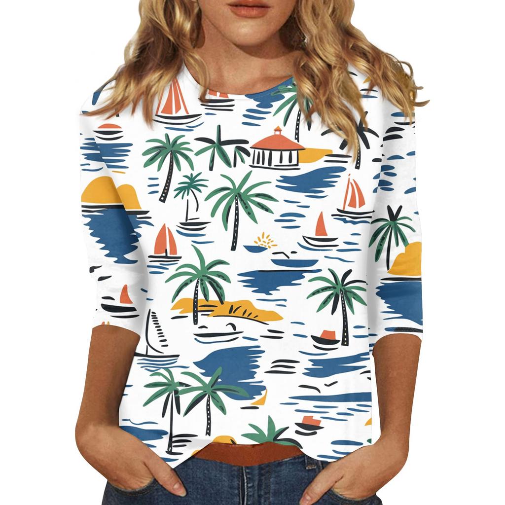 Женская модная повседневная футболка с круглым вырезом и рукавом 3/4, женский топ