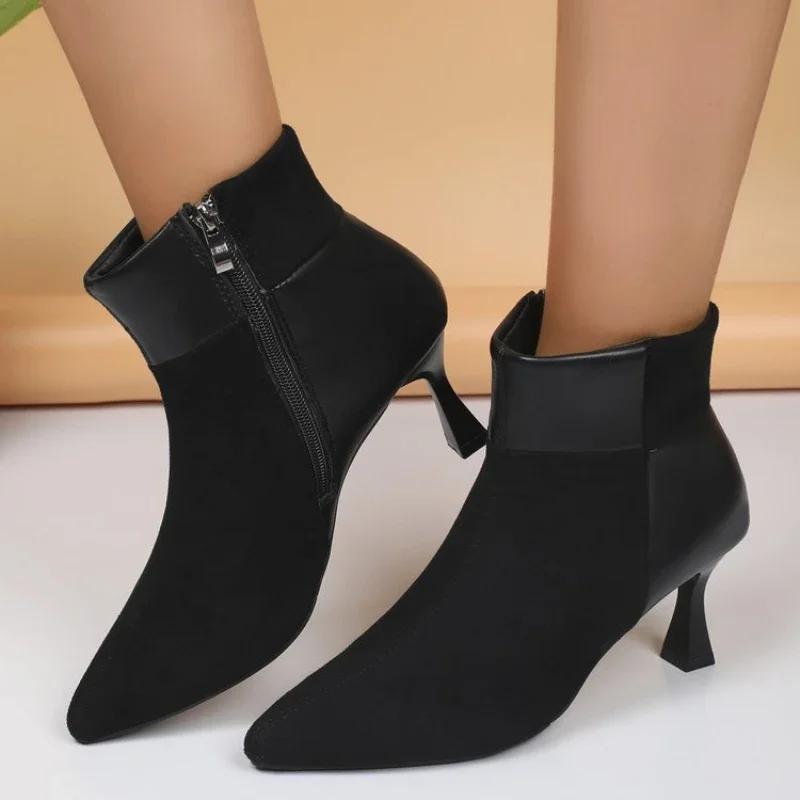 2024 Осенние ботильоны на высоком каблуке, женские ботинки с леопардовым принтом больших размеров, женские туфли с острым носком в стиле ретро, с боковой молнией