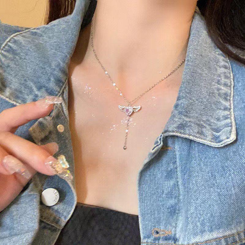 Розовые Крылья Ангела Сердце Кулон Ожерелье Серьги с Бахромой Женские Ювелирные Изделия