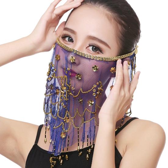 Performance Veil Flower Sequins Beads Decor See-through Lace Belly Dance Tribal Face Veil Breathable Fabric Adjustable Strap Indian Dance Veil