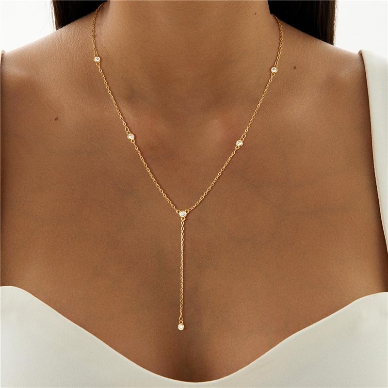 18k Gold Plated Y-necklace With Zircon Pendants Necklace - 42+5cm Chain Trendy Luxury Women's Jewelry S0744