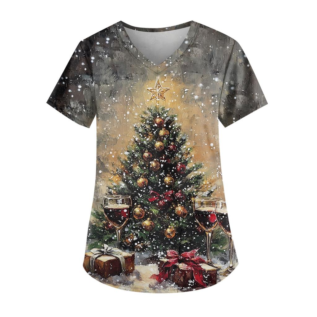 Женская мода V-образный вырез короткий рукав рабочая одежда с карманом рождественский принт топ