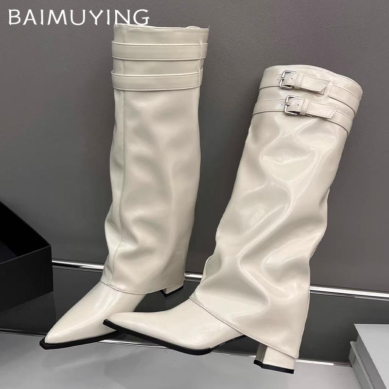 Острый носок женские высокие сапоги сексуальные толстые каблуки средней высоты до колена модные зимние дизайнерские туфли-лодочки готические мотоциклетные ботинки женские