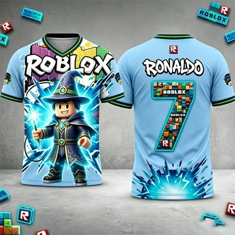 Детская футболка Roblox с индивидуальным именем и номером Роналду, 3D-печать, стиль джерси, короткий рукав, повседневная, летняя спортивная одежда для детей, для фанатов