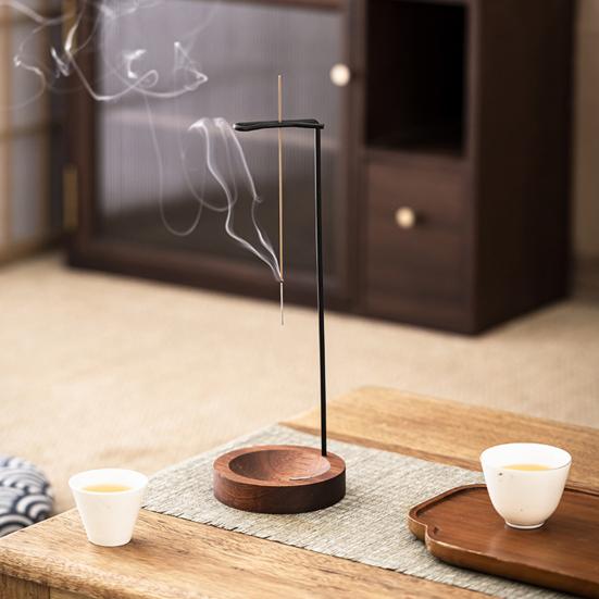 Incense Stick Holder with Wooden Tray Brass Inverted Incense Burner Ash Catcher Home Office