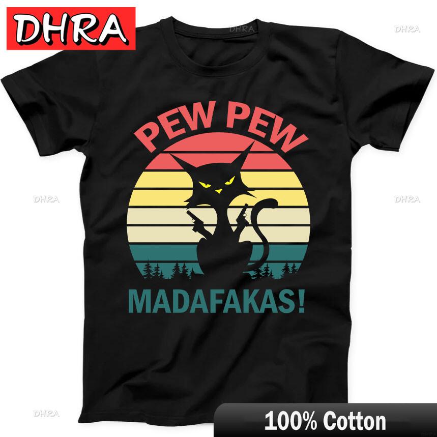 Pew Pew Madafakas Retro Black Cat with Guns Funny Gift Black Tee T Shirt Aesthetic Classic Shirts Clothing for Unisex TShirt Male