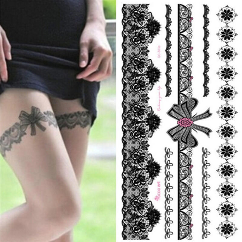 Waterproof Tattoo Temporary Sticker On Body Leg Transfer Lace Stocking Tattoo
