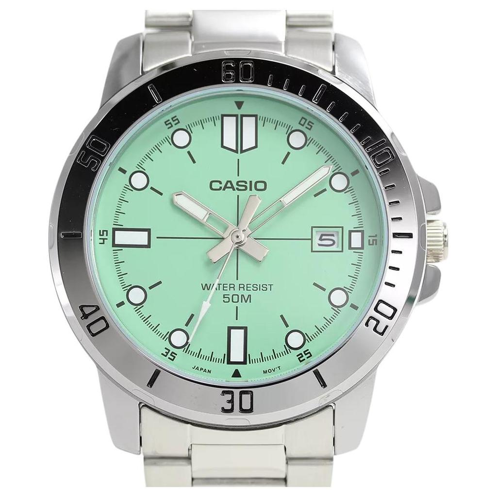 Casio 50M Водонепроницаемые Кварцевые Мужские Часы из Нержавеющей Стали Зеленый Циферблат MTP-VD01D-3E1V