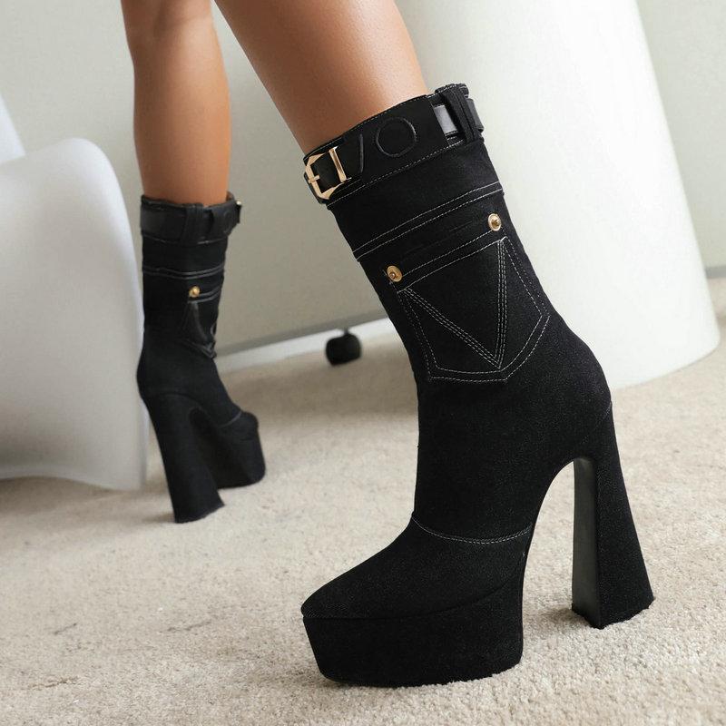Женские полусапоги, джинсовая обувь, туфли на высоком каблуке, женские сапоги до середины икры