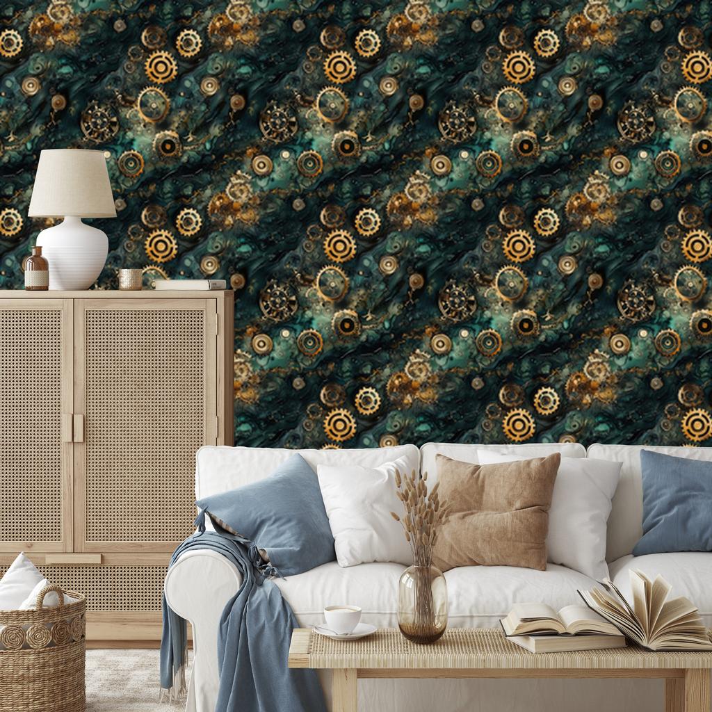 Ochre and Sea Ink Wallpaper for Living Room and Bedroom 50x1000
