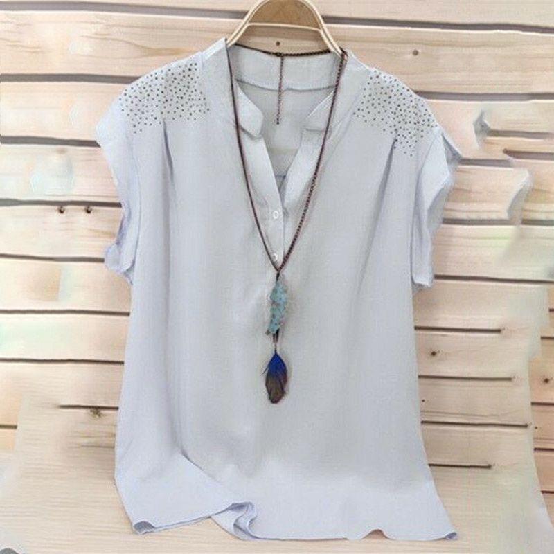 Элегантная летняя женская футболка с пуговицами, V-образным вырезом и коротким рукавом для полных женщин
