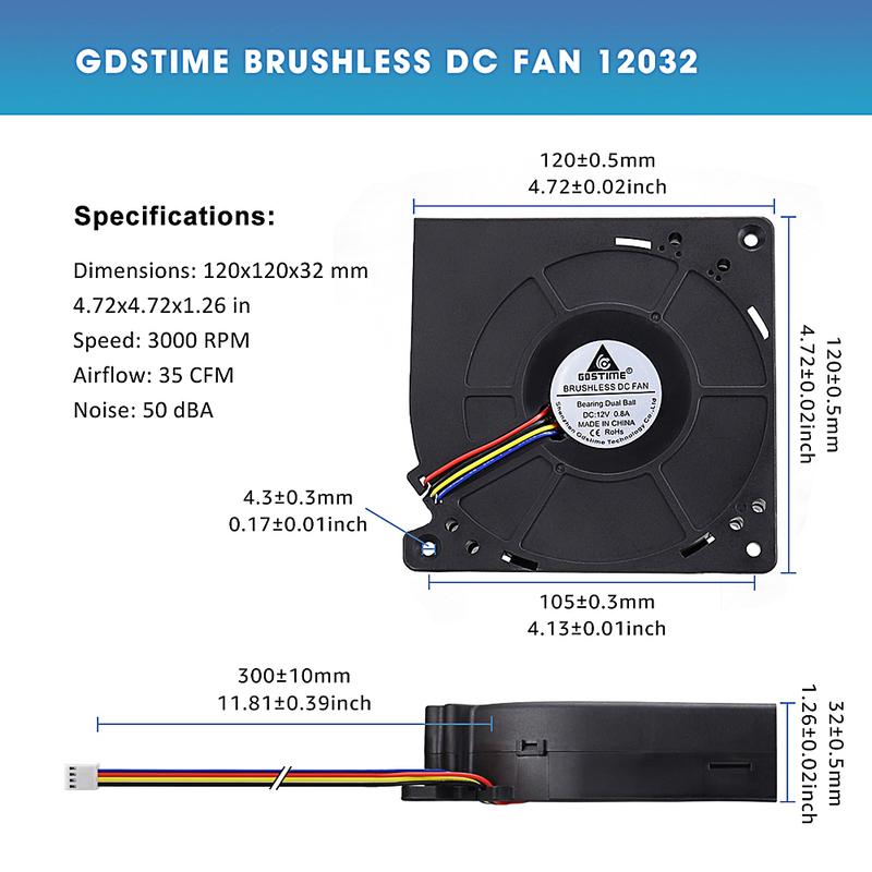 Gdstime 12032 DC 12V 4-контактный FG PWM Функция Двойной шарикоподшипник 120 мм 120x120x32 мм 12 см Центробежный турбинный вентилятор охлаждения