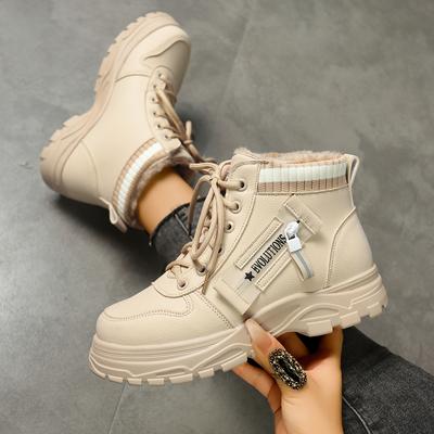 Женские кроссовки Модные кроссовки с круглым носком на шнуровке Нескользящие износостойкие плюшевые туфли для женщин Зимние хлопковые ботинки на мягкой подошве