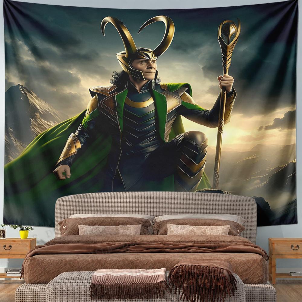 Loki Horned Helmet Scepter Green Cape Wall Tapestry Norse Mythology Decor for Bedroom Game Room Gift for Fans
