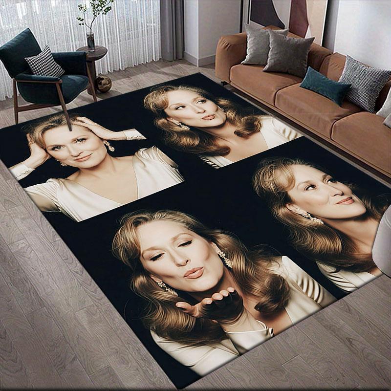 Meryl Streep Flannel Printed Carpet, Home Sofa Decoration for Living Room & Bedroom, Non‑Slip Play Flannel Floor Mat for Game Room