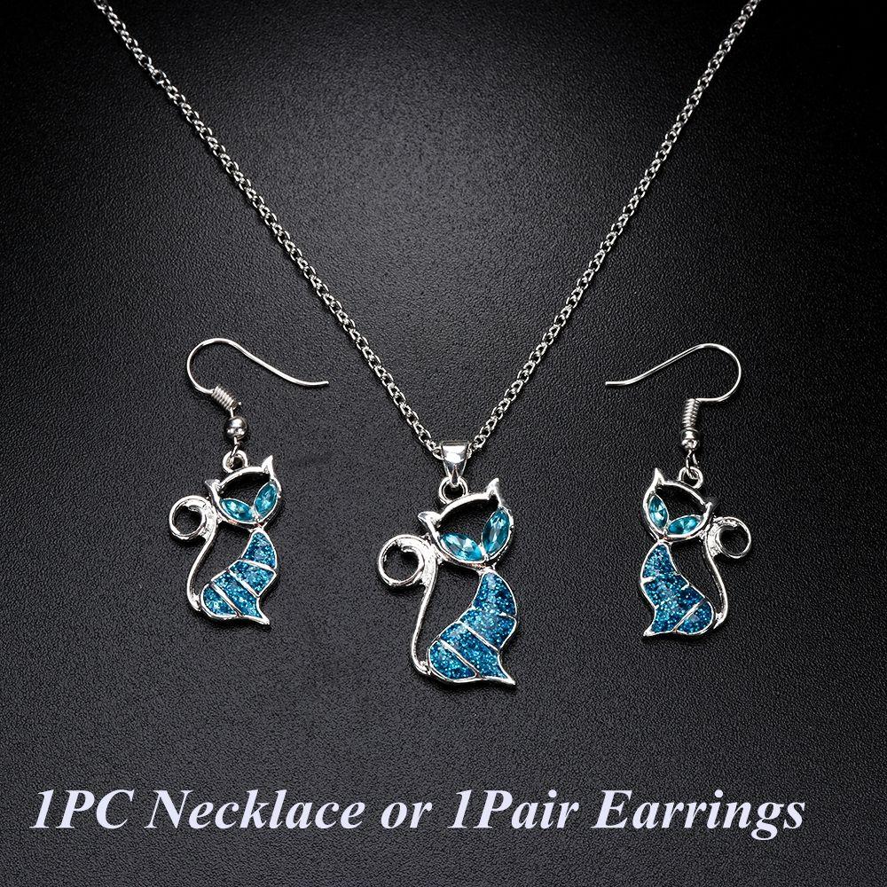 Exquisite Women Fashion Chain Cat Pendant Earrings Jewelry Opal Necklace