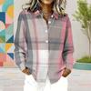 Women Plus Size Collared Neck Long Sleeve Plaid Printed Button Front Shirt Pink Gray White