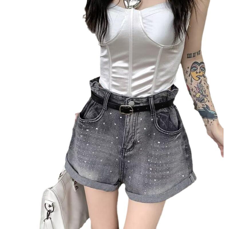 Высокая талия и тонкие брюки с загнутыми краями A Word, прямые широкие брюки Fat Design, белые шорты с бриллиантами, новинка лета