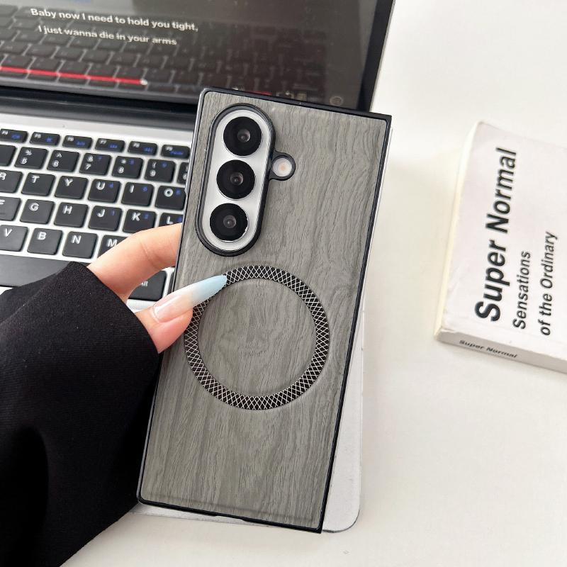 Магнитный беспроводной чехол для зарядки MagSafe из ПК + искусственной кожи под дерево для Samsung Z Fold 7 6 5 4 3, складная задняя крышка