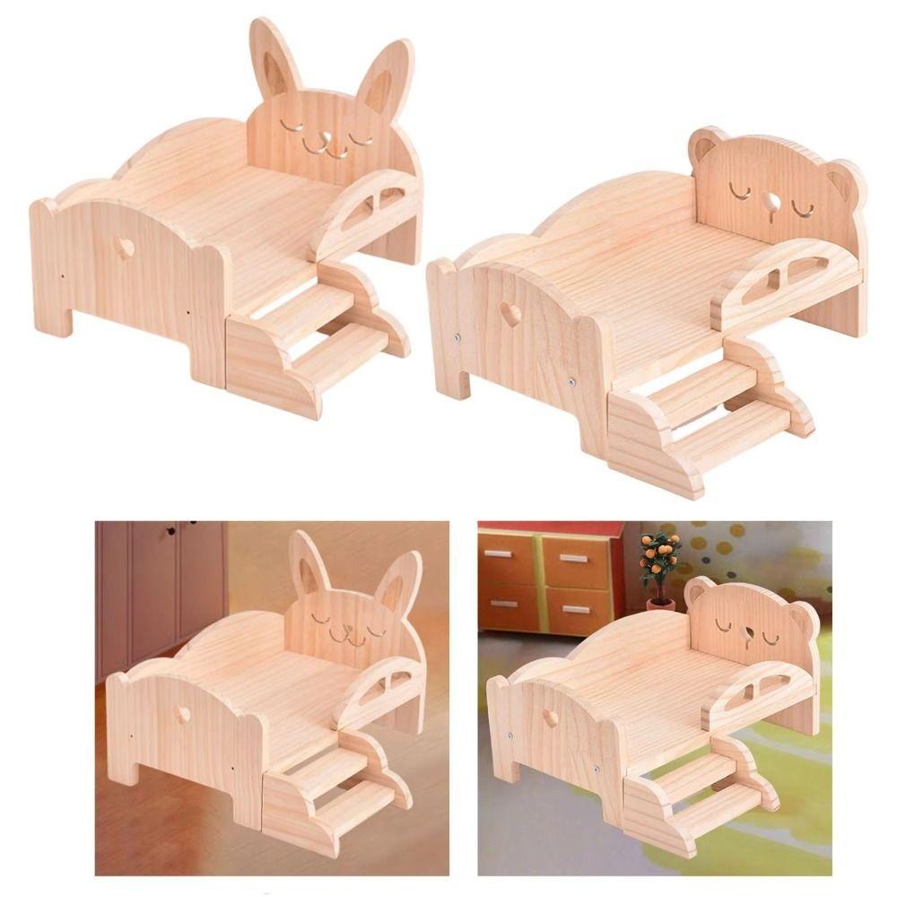 Pig Rabbit Doll Miniature Bed With Stairs Dollhouse Toy Bed Pet Cottage Wooden Mini Bed BJD Dolls