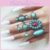 Vintage Ethnic Style Alloy Leaf Ring Set With Turquoise Inlay Fashionable And Unique 8-piece Ring Set