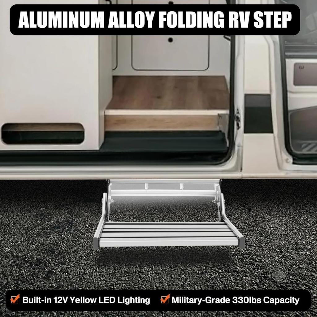 Manual RV Step Assembly Manual Aluminum Alloy Folding Single Step W|LED Light Bar 330Lbs Capacity RV Steps for Campers, Caravans