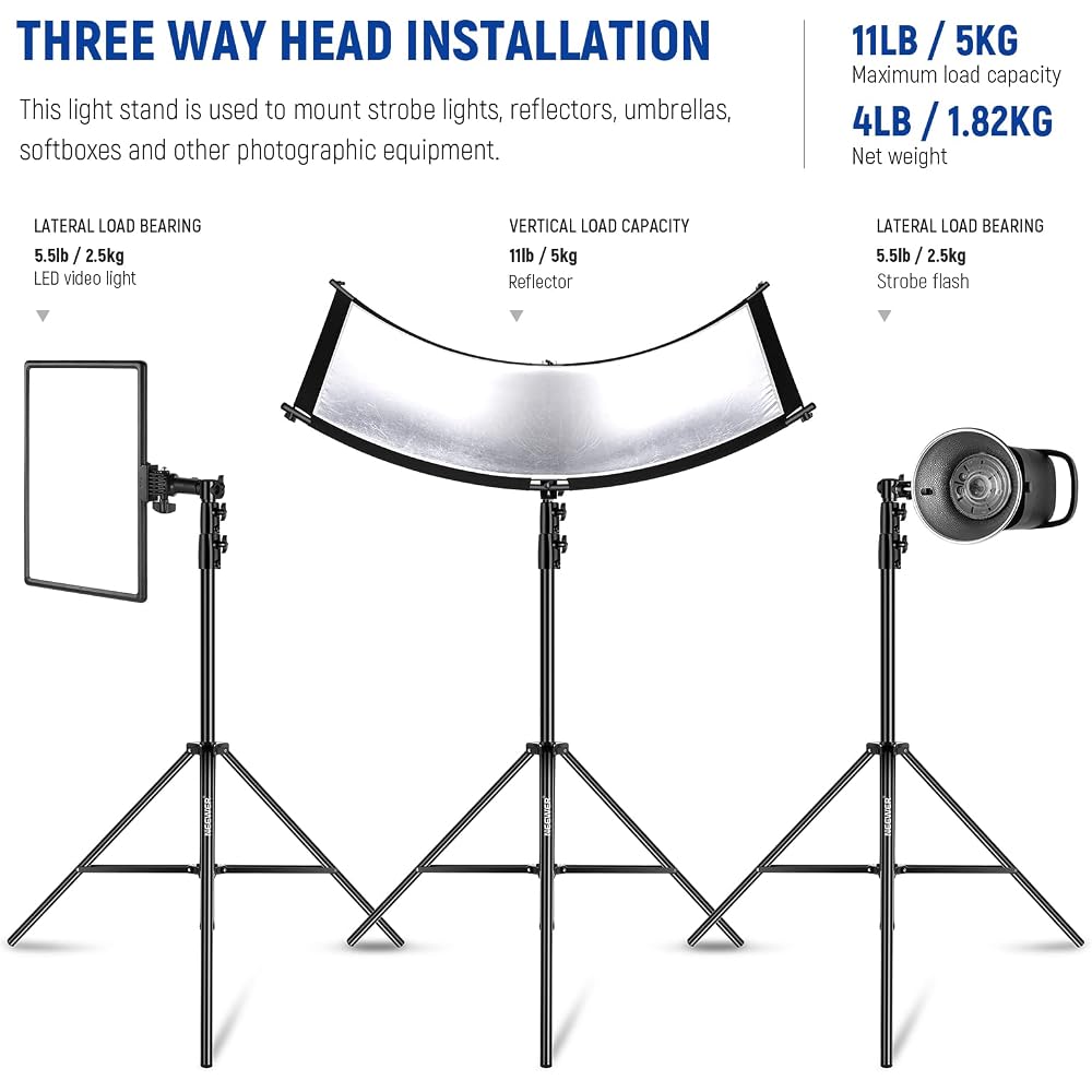 NEEWER 9.2ft/2.8m Air Cushion Light Stand, Heavy Duty Metal Photo Tripod Stand with 1/4"~3/8" Reversible Spigot, 3-Way Mounting Interface & Metal Lock