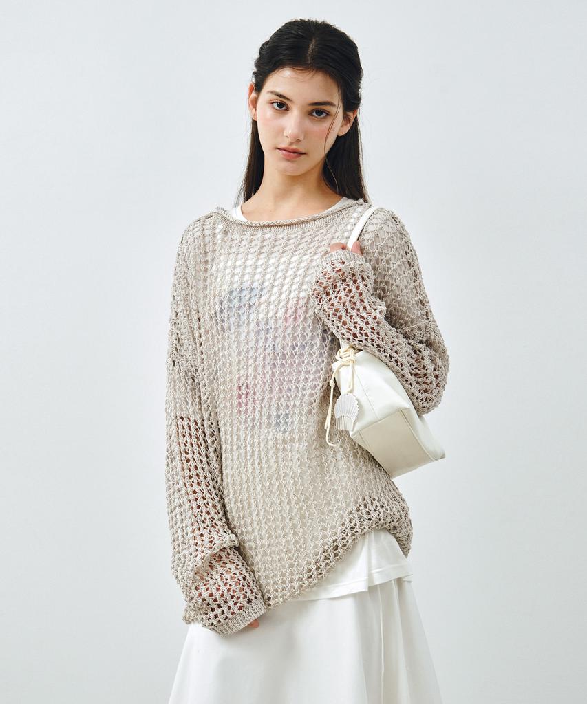 MONGDOL Paper Net See-Through Knit Top Gray Mdkt126Gray