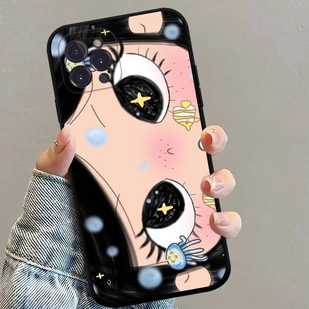 Кавайная Милая Черная Большие Глаза Крутая Чехол для Телефона Для iPhone 17 16 15 14 13 12 11 Pro Max Plus Mini Мягкий Силикон Черный Ударопрочный ТПУ