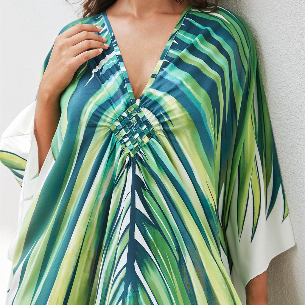 Women's Fashion Vacation Summer Spring Green Leaf Print Long Sleeve V-Neck Casual Dresses