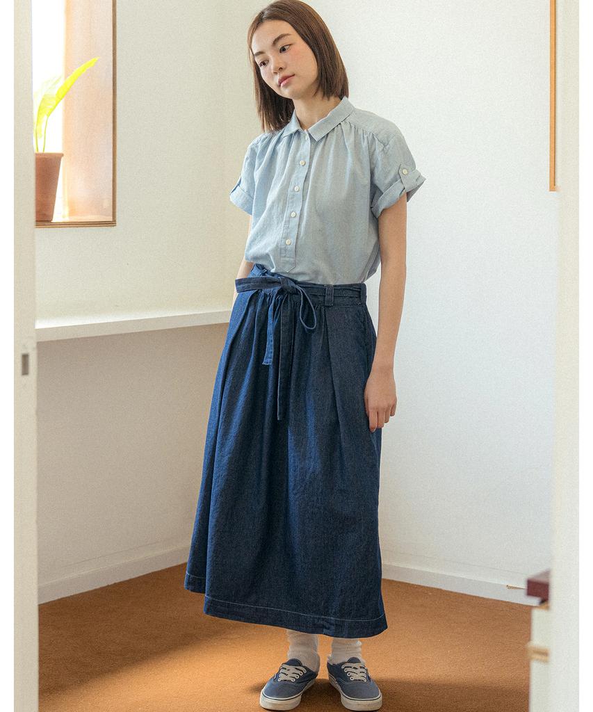 Cotton Bell Waist Belt Shirred Denim Skirt - Indigo