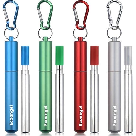 Cruise Ship Essentials,4-Pack reble Collapsible Stainless Steel Drinking Straws with Aluminum Case,Cleaning Brush,and Keycha-Silver,Blue,Red,Green
