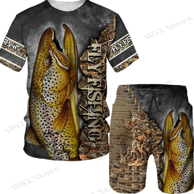 Мужская футболка с 3D принтом рыбы для спорта, рыбалки, кемпинга, камуфляжа и охоты, комплект мужской одежды, уличная одежда, футболки/шорты/костюмы больших размеров