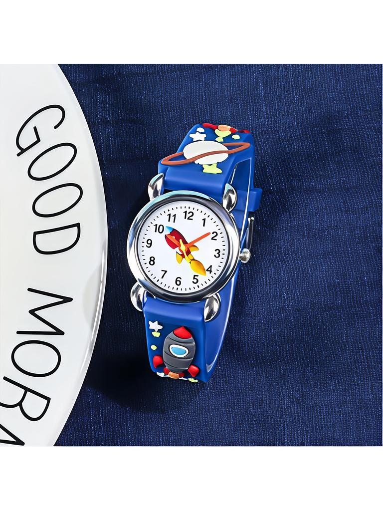 3D Space Rocket Design Silicone Strap Watch - Cartoon Planet Analog Quartz Wristwatch