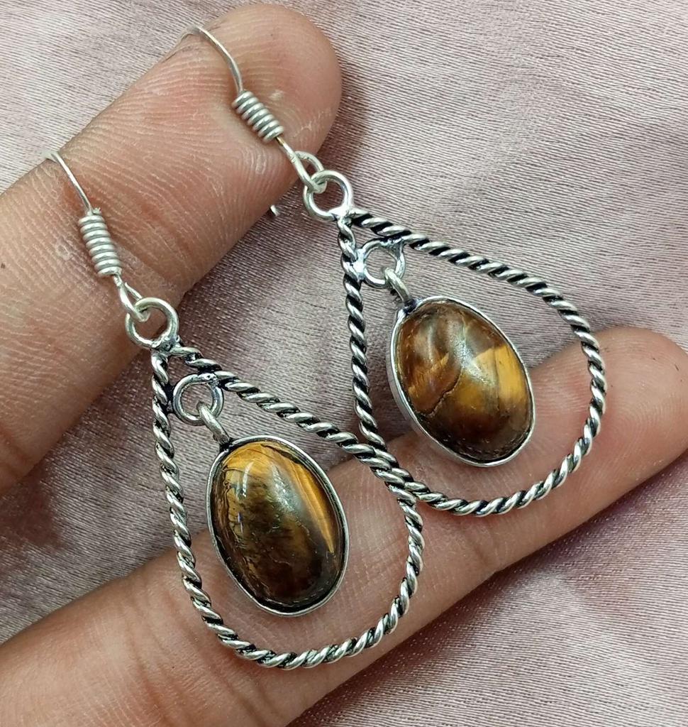 Tiger's Eye Gemstone 925 Sterling Silver Plated Hook Earrings Jewelry NST-J2H23095