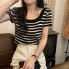 Летний новый темпераментный квадратный вырез полосатый универсальный вязаный свитер футболка с коротким рукавом топ женский