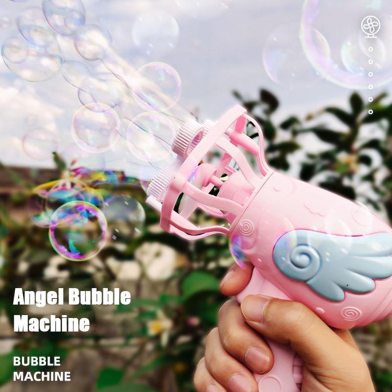 Angel Wings Bubble Machine with Mini Fan 3 In 1 Magic Bubble In Bubble Gun Soap Water Bubble Maker for Kids Summer Outdoor Toy