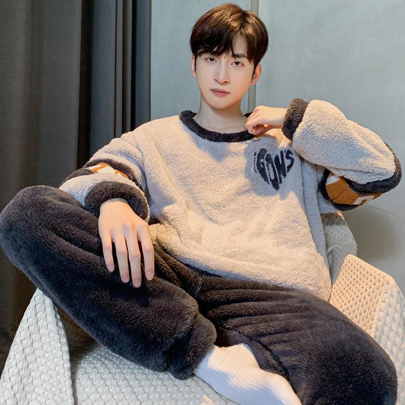 Мужской фланелевый пижамный комплект Smiley Face - утолщенный коралловый флис для осени/зимы