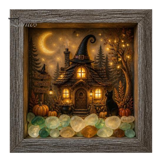 Ручная работа, Декор комнаты на Хэллоуин, Набор для создания DIY Shadow Box (Световая коробка), Ночник, Деревянная рама 8,5 дюймов, Набор для творчества со светодиодами, Светящиеся морские акриловые камни, Светящийся