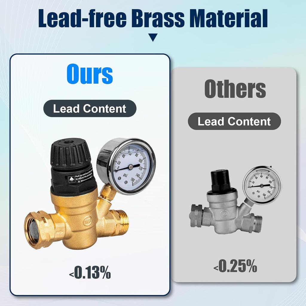 RV Water Pressure Regulator Valve For Camper, Regulate Valves With Strainer, Made Of Leadless Brass, RV Water Pressure Regulator With Pressure Gauge